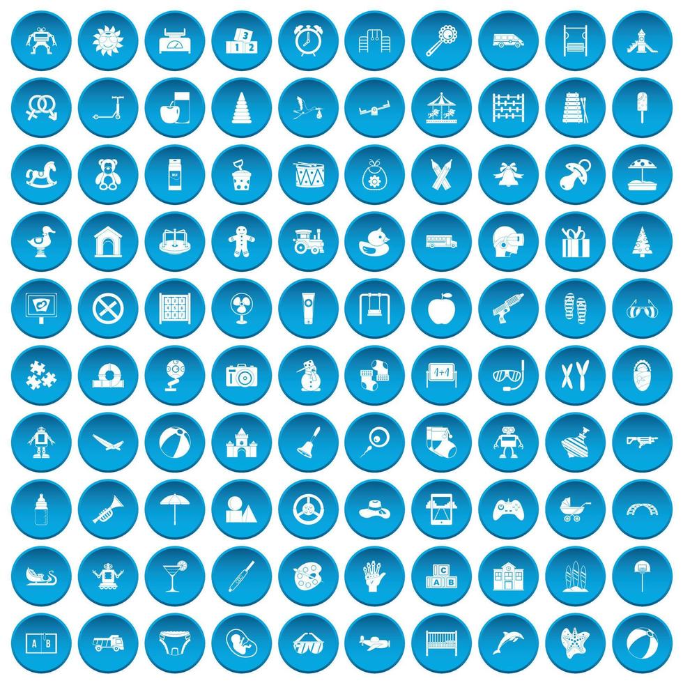 100 icônes d'enfance définies en bleu vecteur