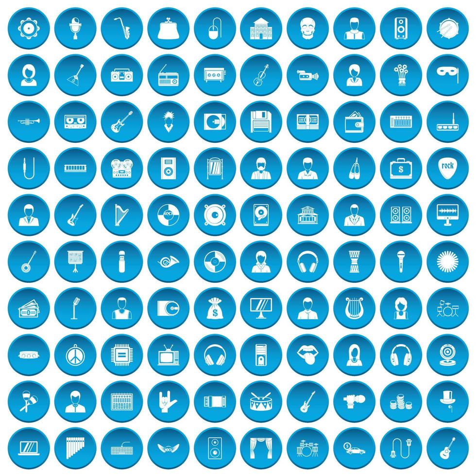 100 icônes de musique définies en bleu vecteur