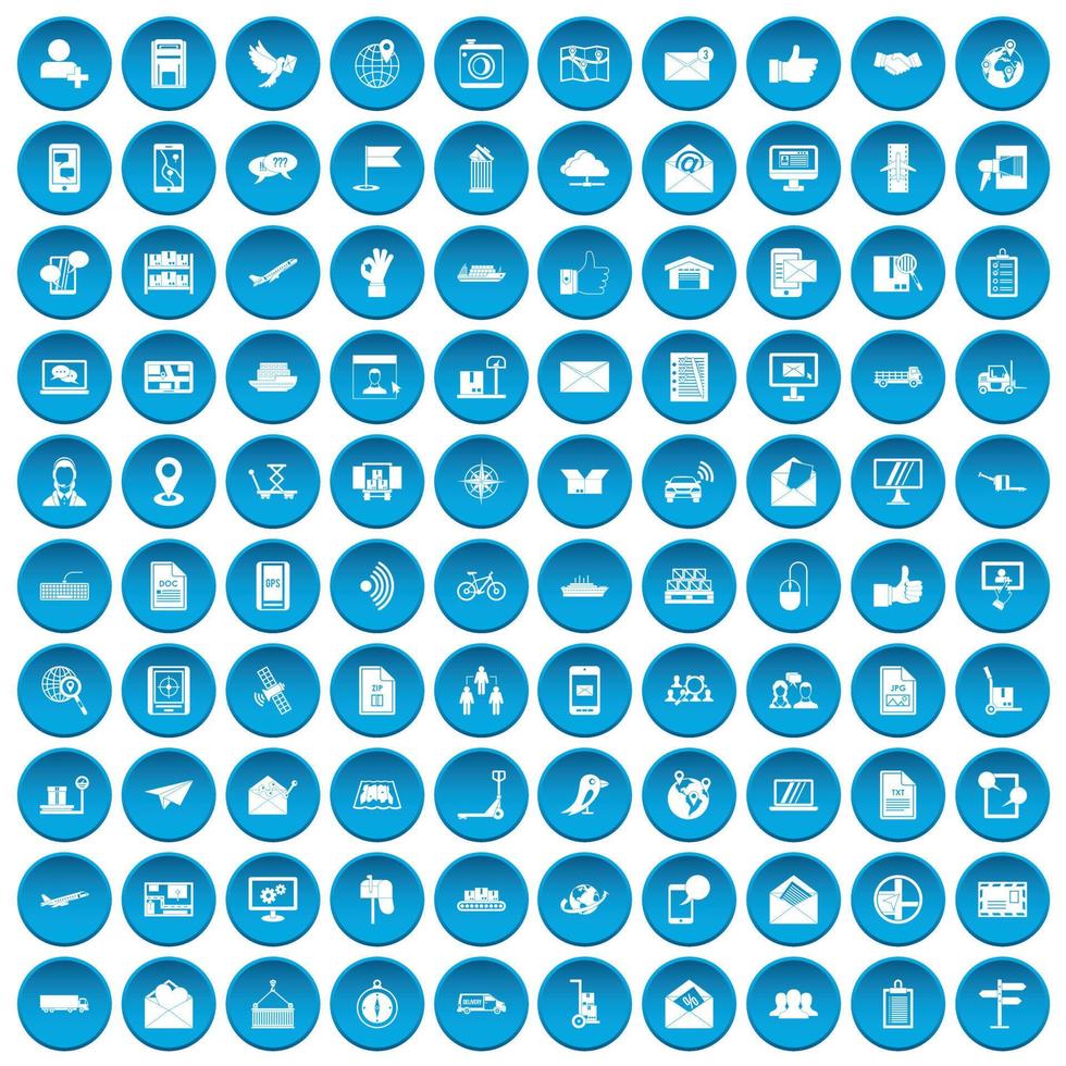 100 icônes de poste et de courrier définies en bleu vecteur