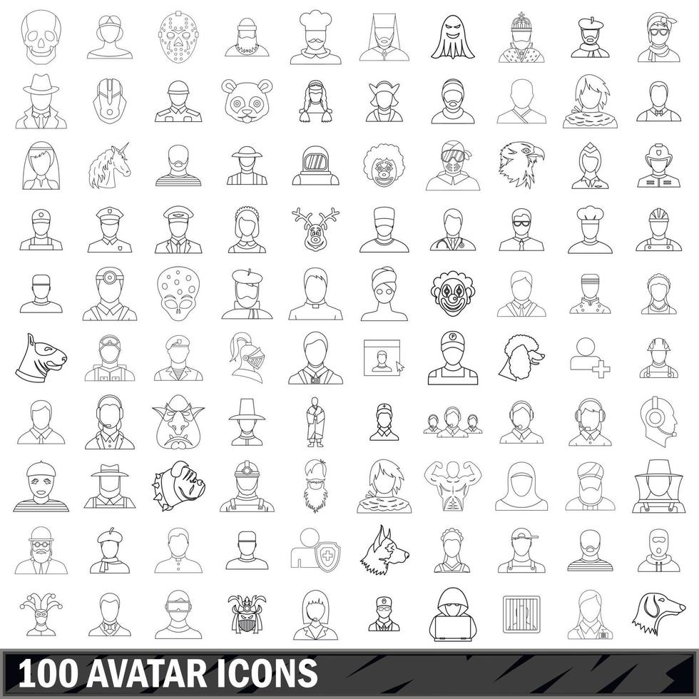 Ensemble de 100 icônes d'avatar, style de contour vecteur
