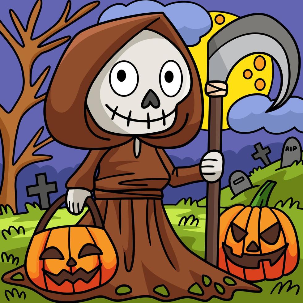 faucheuse tenant une faux dessin animé de couleur halloween vecteur