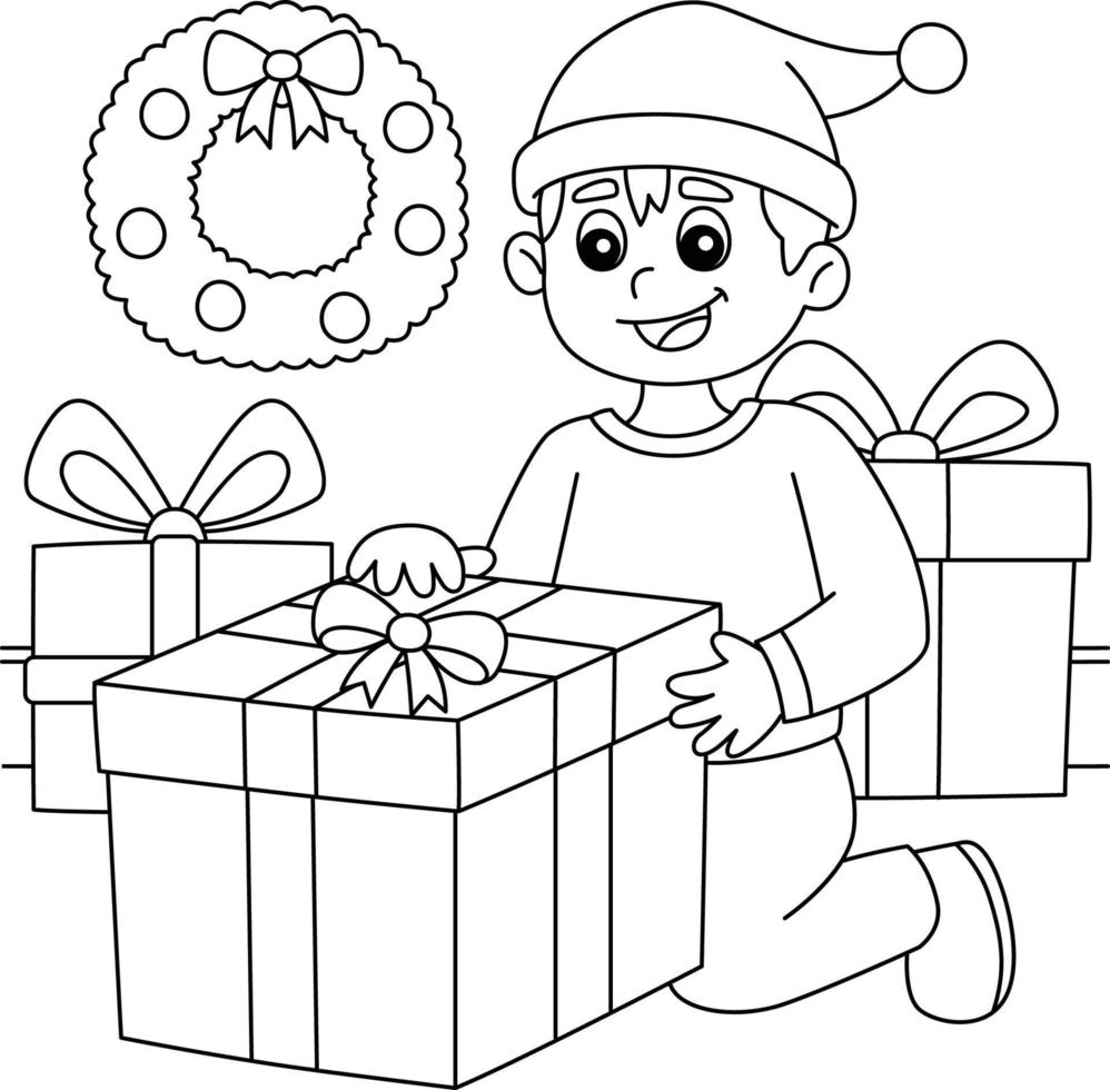 Page de coloriage de cadeau d'ouverture de garçon de Noël pour les enfants vecteur