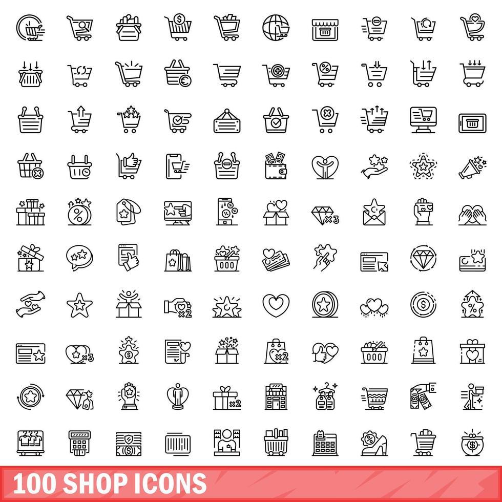 Ensemble de 100 icônes de magasin, style de contour vecteur
