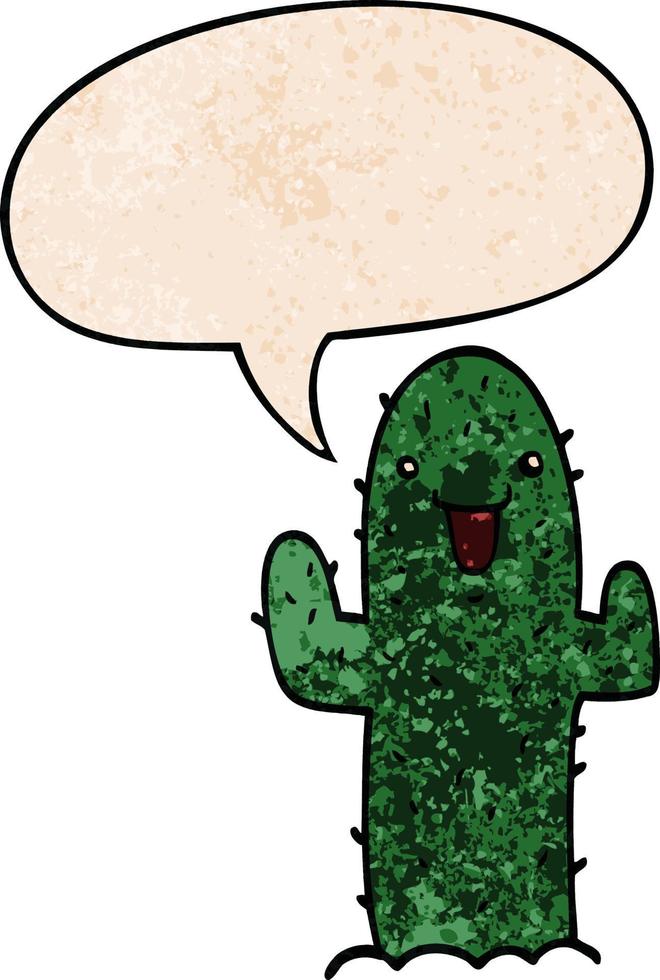 cactus de dessin animé et bulle de dialogue dans un style de texture rétro vecteur