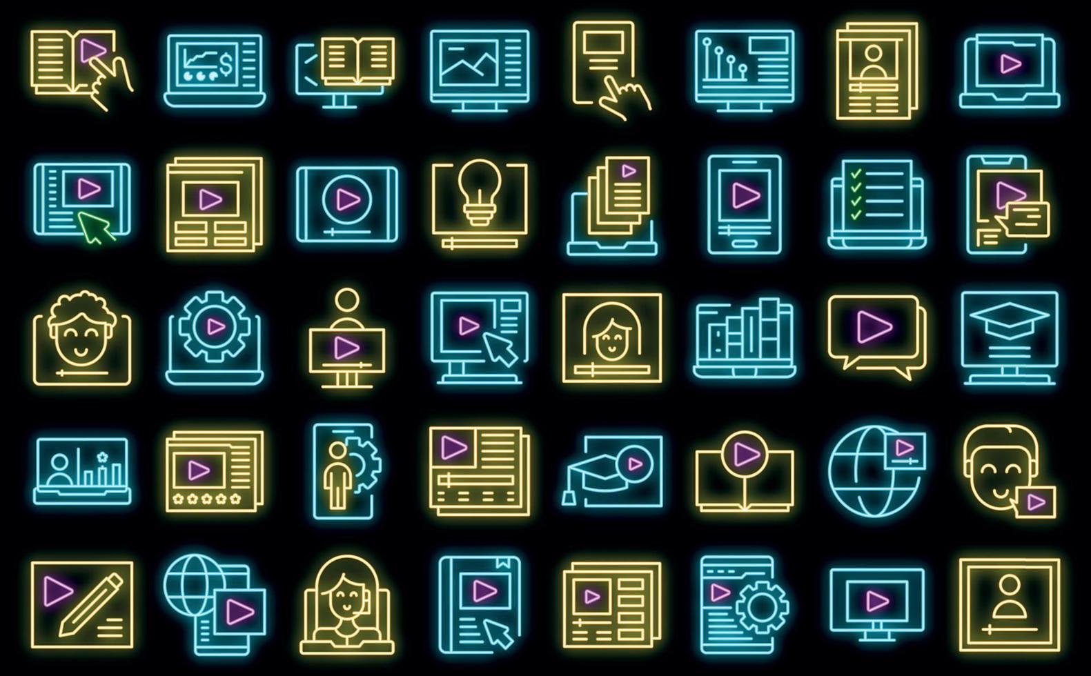 icônes de didacticiel vidéo définies vecteur néon