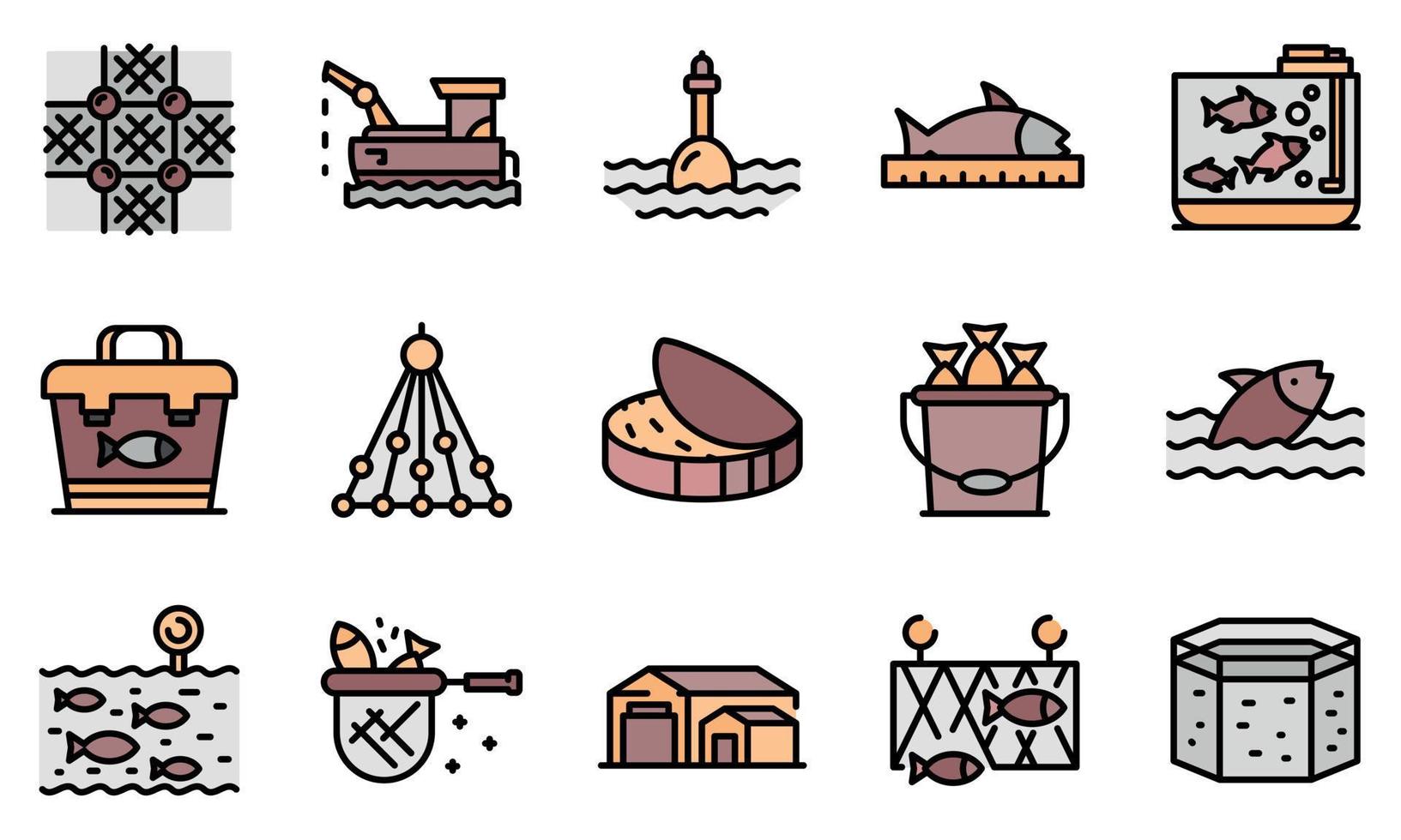pisciculture, icônes, ensemble, ligne, couleur, vecteur