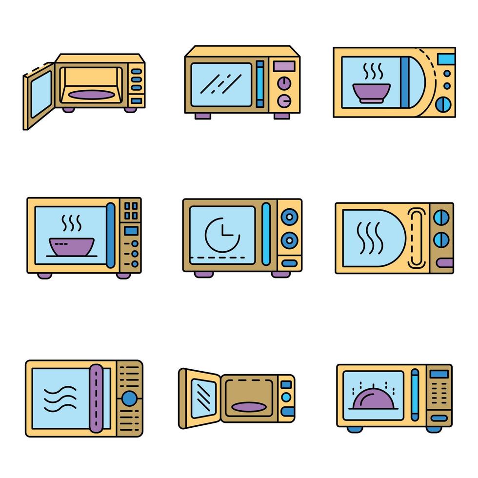 micro-ondes, icônes, ensemble, ligne, couleur, vecteur