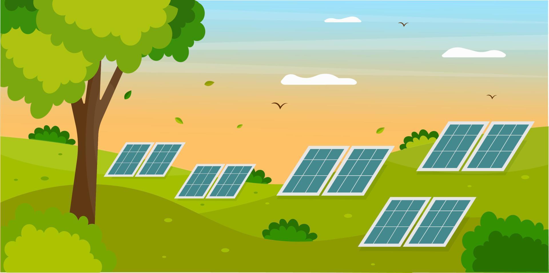 beau paysage avec panneaux solaires. illustration de concept de vecteur d'énergie solaire.