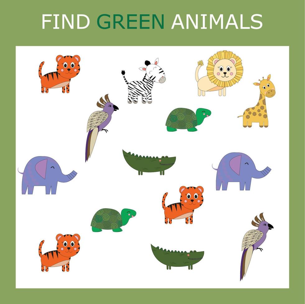 Activité éducative pour les enfants, retrouvez l'animal vert parmi les animaux colorés. jeu de logique pour les enfants. vecteur