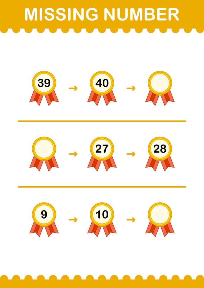 numéro manquant avec médaille de récompense. feuille de travail pour les enfants vecteur