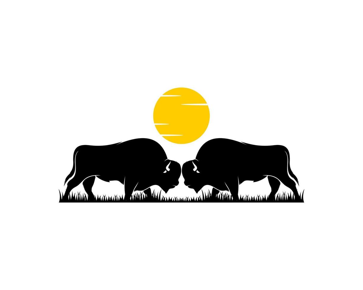 bison tête à tête sur le logo coucher de soleil vecteur