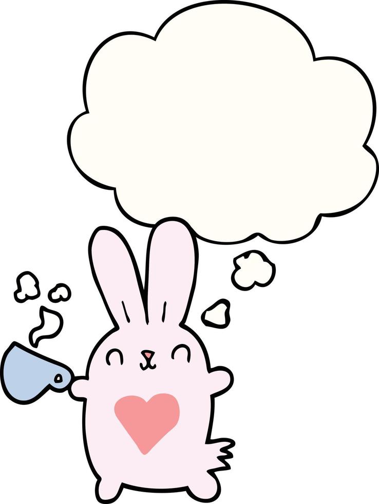 lapin de dessin animé mignon avec coeur d'amour et tasse de café et bulle de pensée vecteur