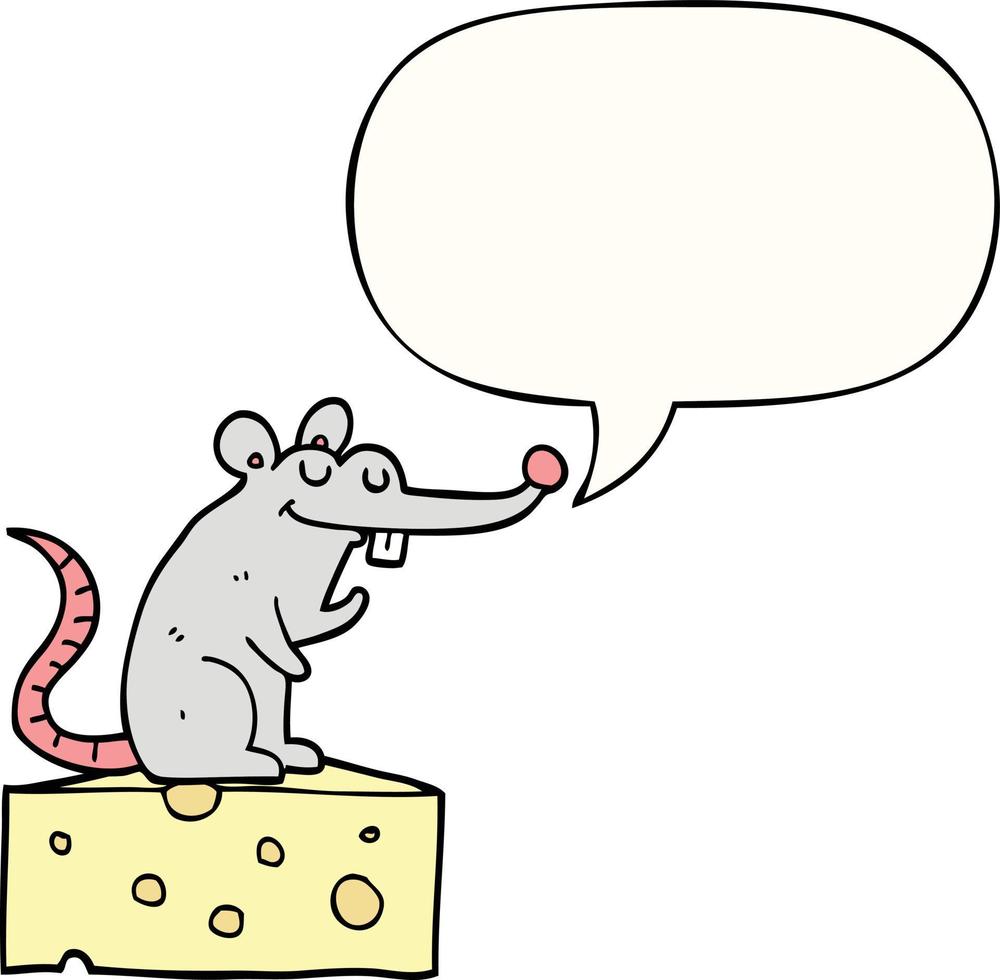 souris de dessin animé assise sur du fromage et une bulle de dialogue vecteur