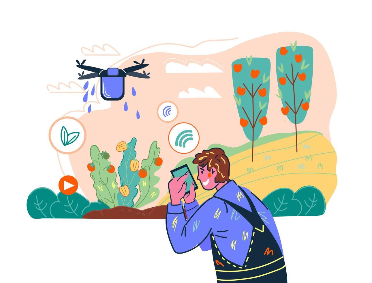 système agricole intelligent et technologie agricole sans fil avec un agriculteur contrôlant à distance un drone. innovation industrielle à distance pour la production végétale. illustration de vecteur de dessin animé.