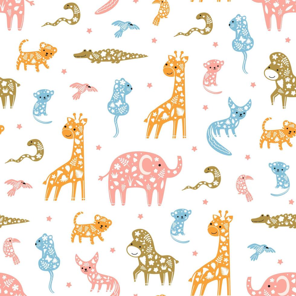 mignon modèle sans couture avec des animaux de safari dessinés dans des couleurs pastel vecteur