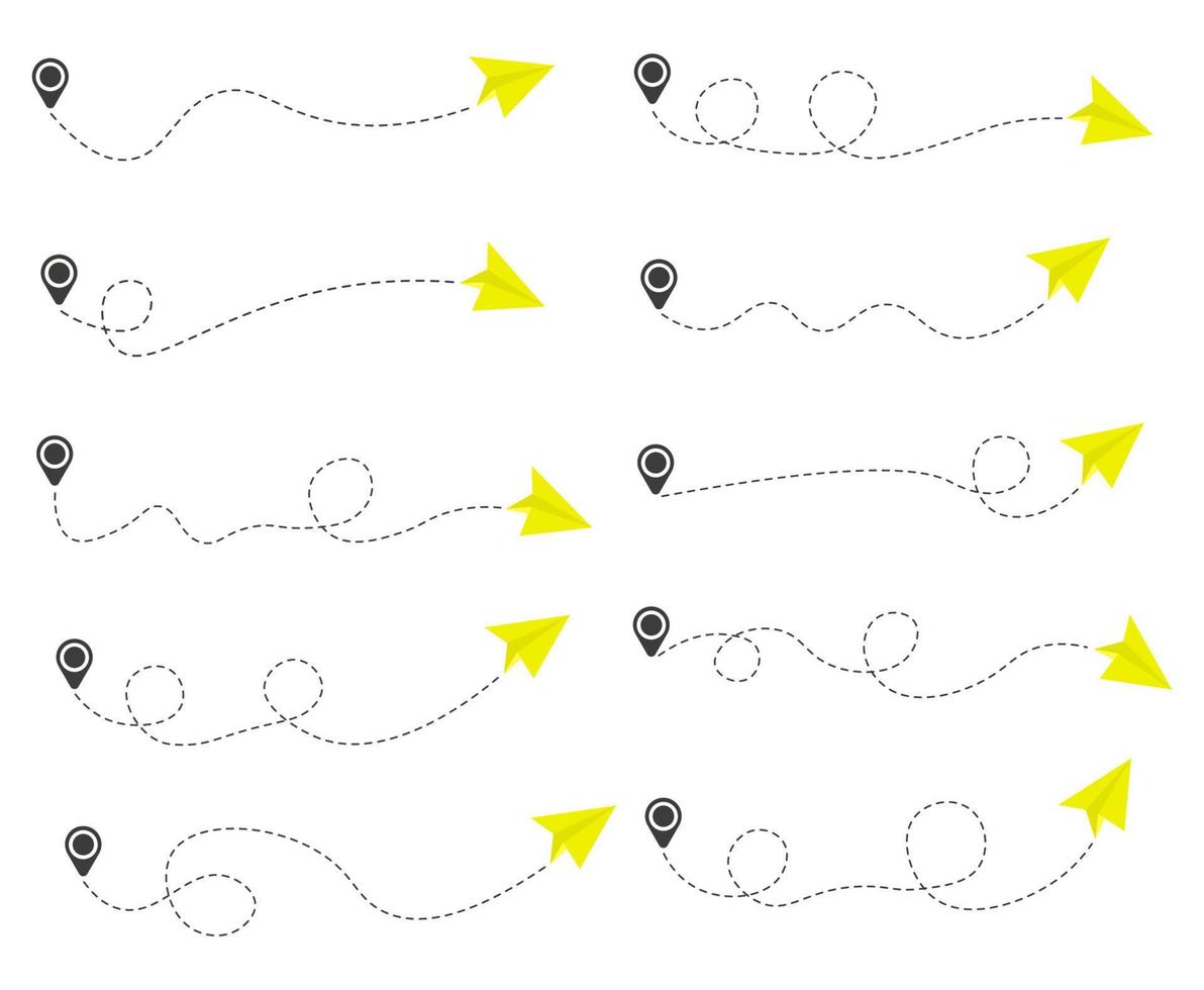 ensemble d'itinéraire d'avion en papier en pointillés avec icône de localisation vecteur