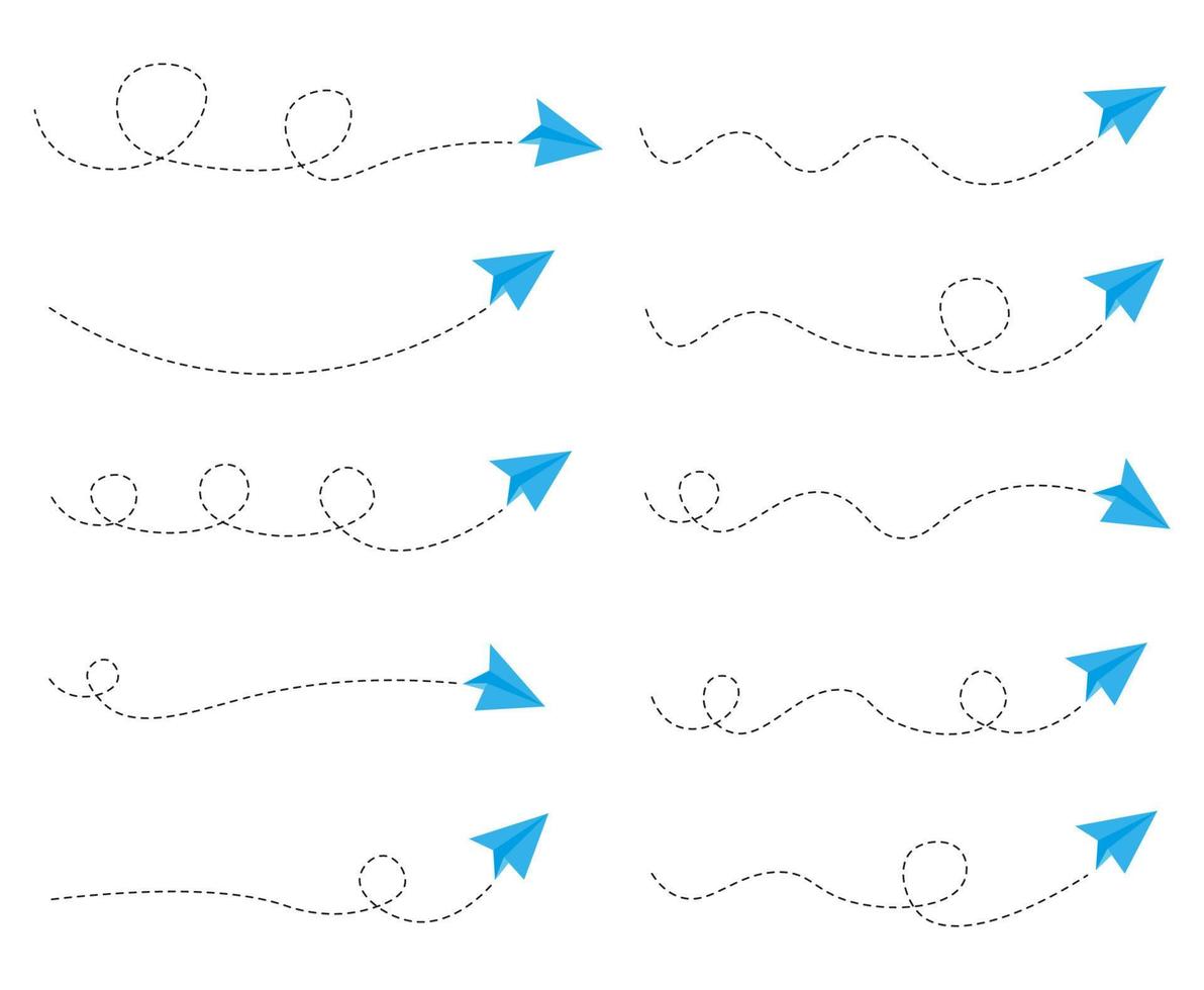 ensemble d'itinéraire d'avion en papier en pointillés vecteur