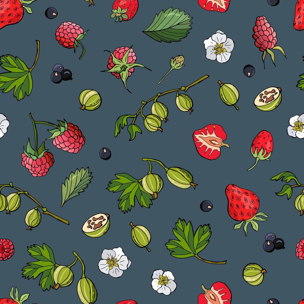 motif harmonieux fruité avec fraises, groseilles, framboises et groseilles. conception pour tissu, textile, papier peint, emballage, café. vecteur