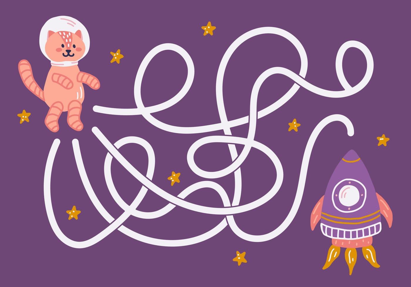 labyrinthe, aidez le chat cosmonaute à trouver le bon chemin vers la fusée. quête logique pour les enfants. illustration mignonne pour livres pour enfants, jeu éducatif vecteur