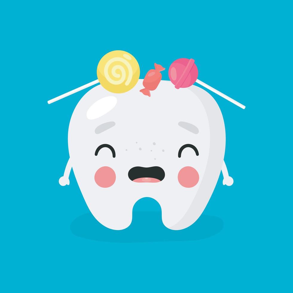 affiche sur l'hygiène dentaire en style cartoon. l'illustration montre une drôle de dent avec des bonbons nocifs. concept dentaire pour la dentisterie et l'orthodontie des enfants. illustration vectorielle. vecteur