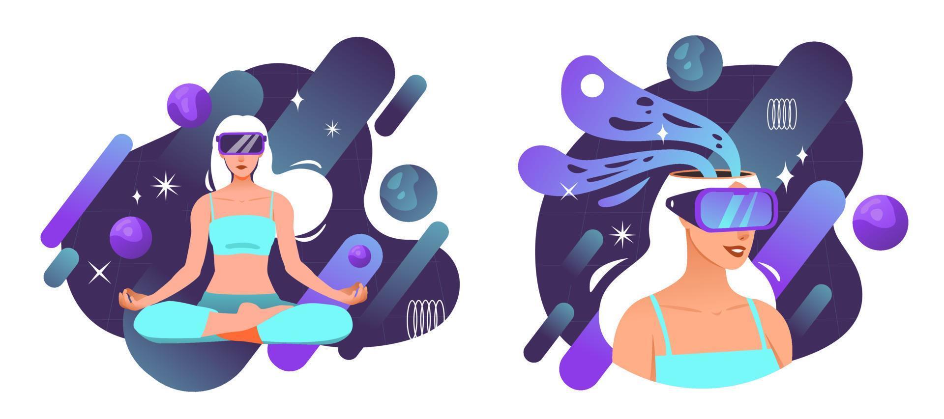 notion de métaverse. technologie de réalité virtuelle numérique. femme avec des lunettes vr connectées à l'espace virtuel. illustration vectorielle de dessin animé vecteur