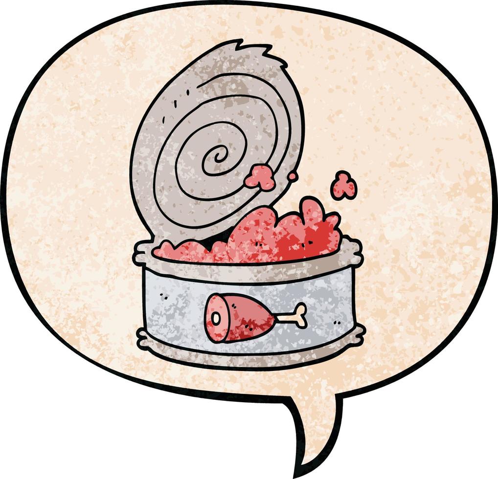 dessin animé de nourriture en conserve et bulle de dialogue dans un style de texture rétro vecteur