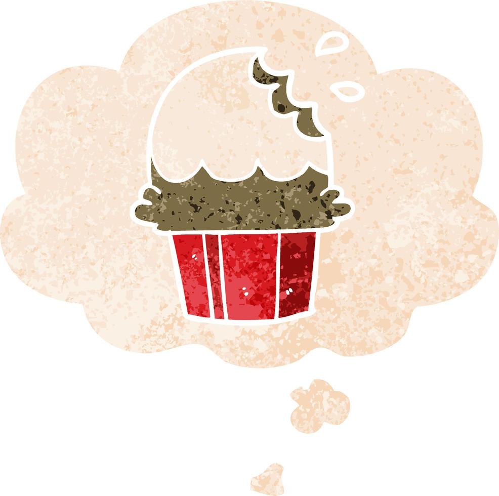 cupcake de dessin animé et bulle de pensée dans un style texturé rétro vecteur