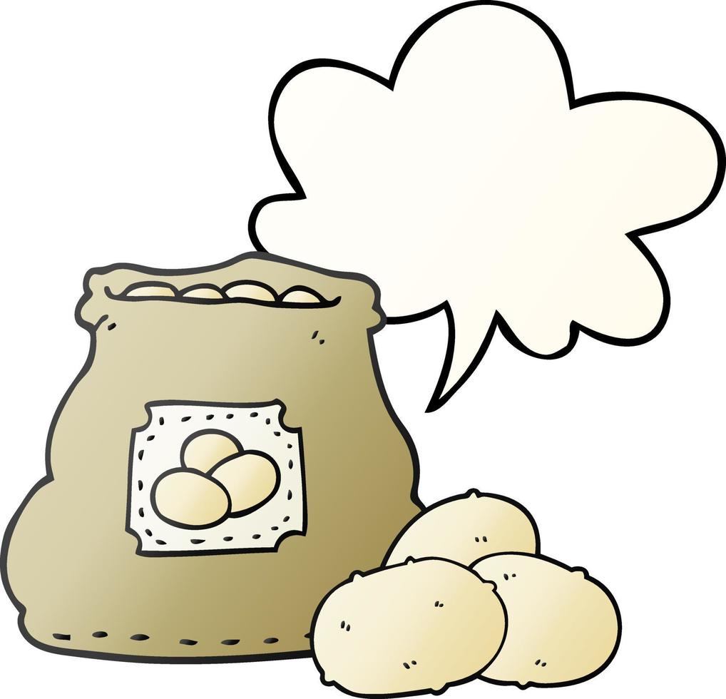 sac de dessin animé de pommes de terre et bulle de dialogue dans un style dégradé lisse vecteur