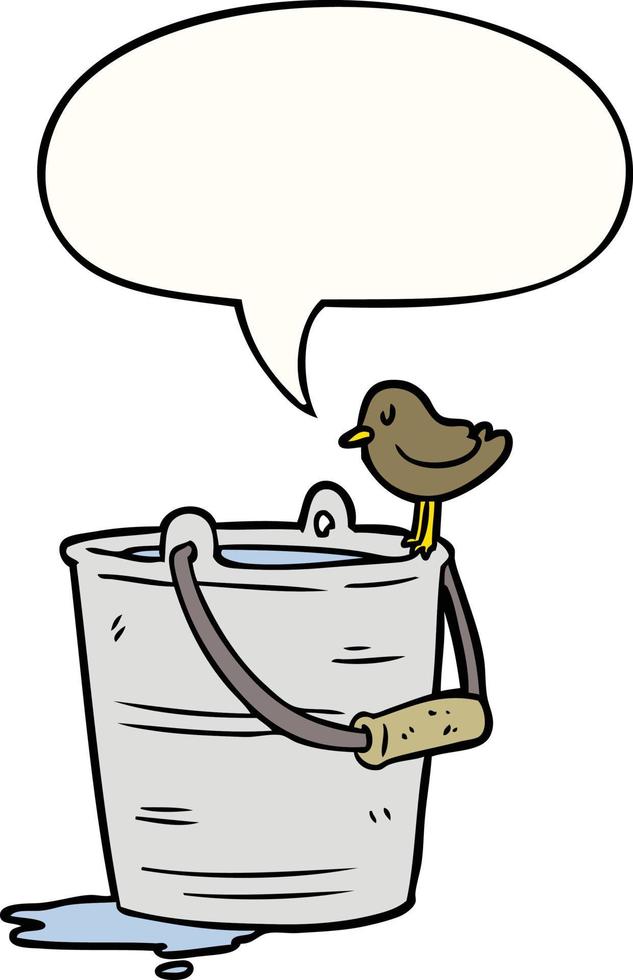 oiseau de dessin animé regardant dans un seau d'eau et une bulle de dialogue vecteur