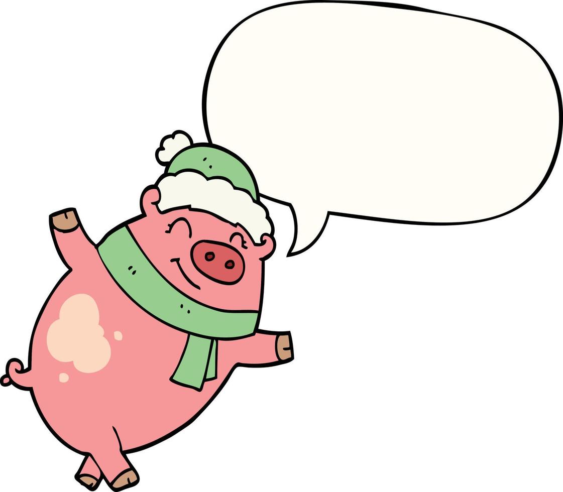 cochon de dessin animé portant un chapeau de noël et une bulle de dialogue vecteur