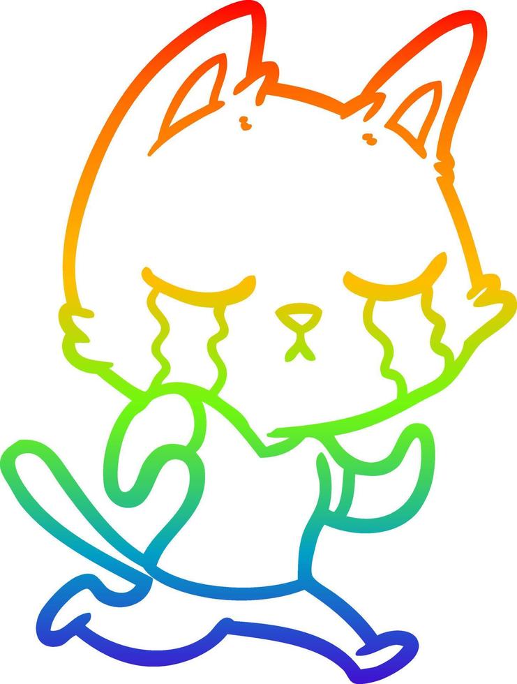 dessin de ligne de gradient arc en ciel chat de dessin animé qui pleure vecteur