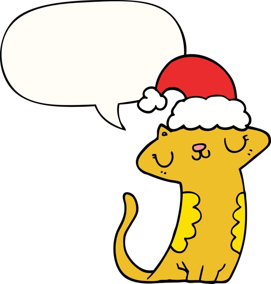 chat de dessin animé mignon portant un chapeau de noël et une bulle de dialogue vecteur