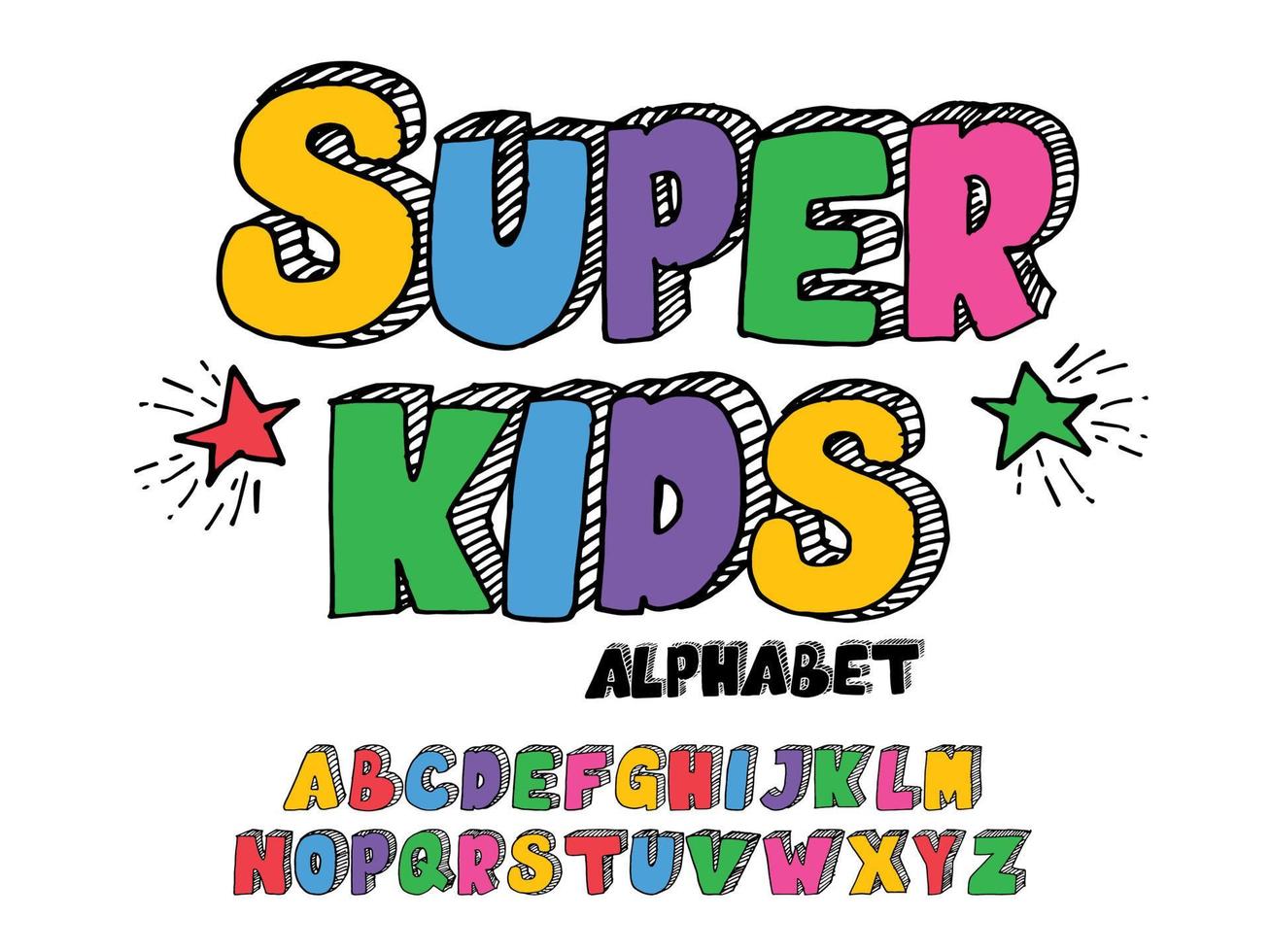 police 3d dessinée à la main. lettres majuscules avec des couleurs. alphabet pour thèmes enfants vecteur