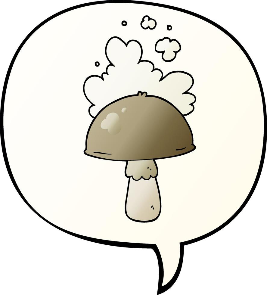 champignon de dessin animé et nuage de spores et bulle de dialogue dans un style de dégradé lisse vecteur