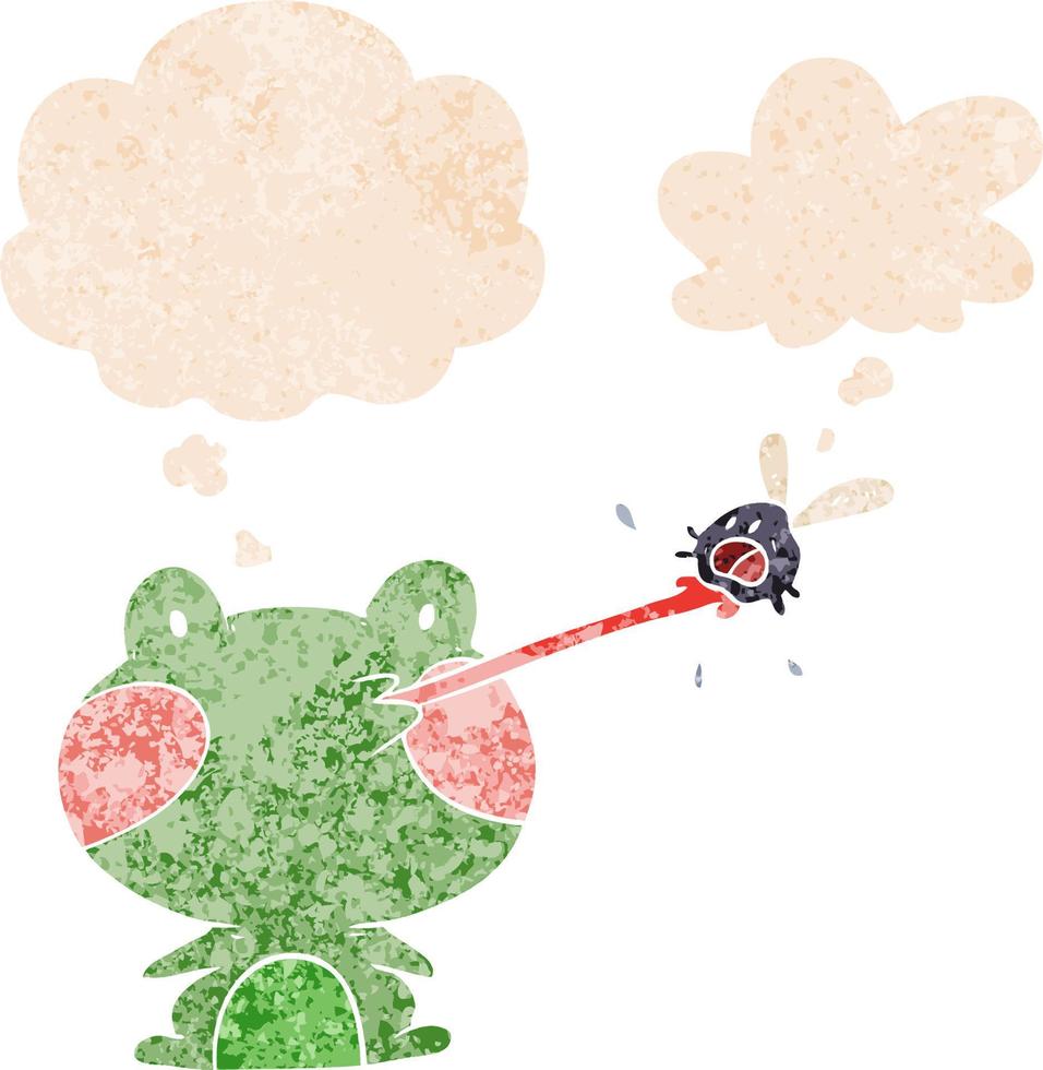 grenouille de dessin animé attrapant la mouche et bulle de pensée dans un style texturé rétro vecteur