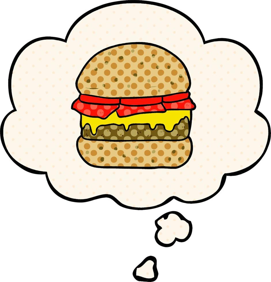 burger de dessin animé et bulle de pensée dans le style de la bande dessinée vecteur