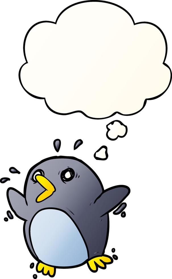 dessin animé pingouin effrayé et bulle de pensée dans un style dégradé lisse vecteur