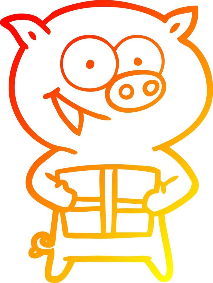 ligne de gradient chaud dessinant un cochon joyeux avec un cadeau de noel vecteur