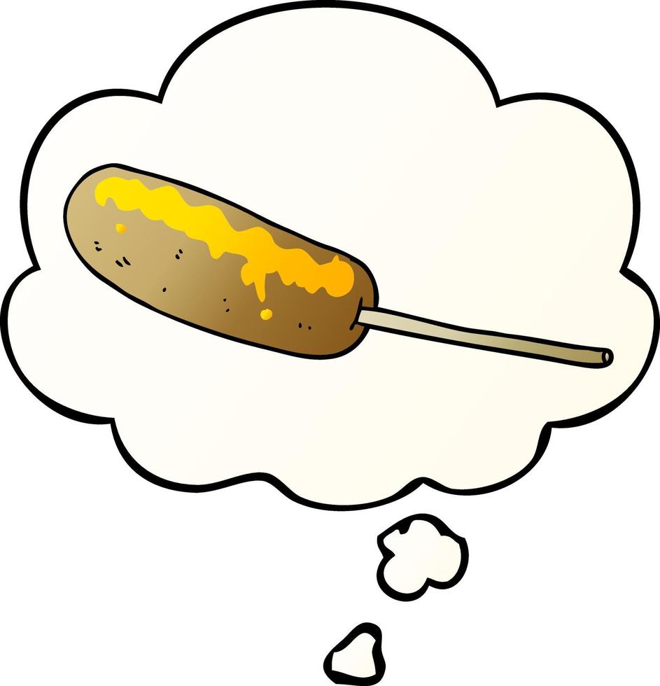 hot-dog de dessin animé sur un bâton et une bulle de pensée dans un style de dégradé lisse vecteur