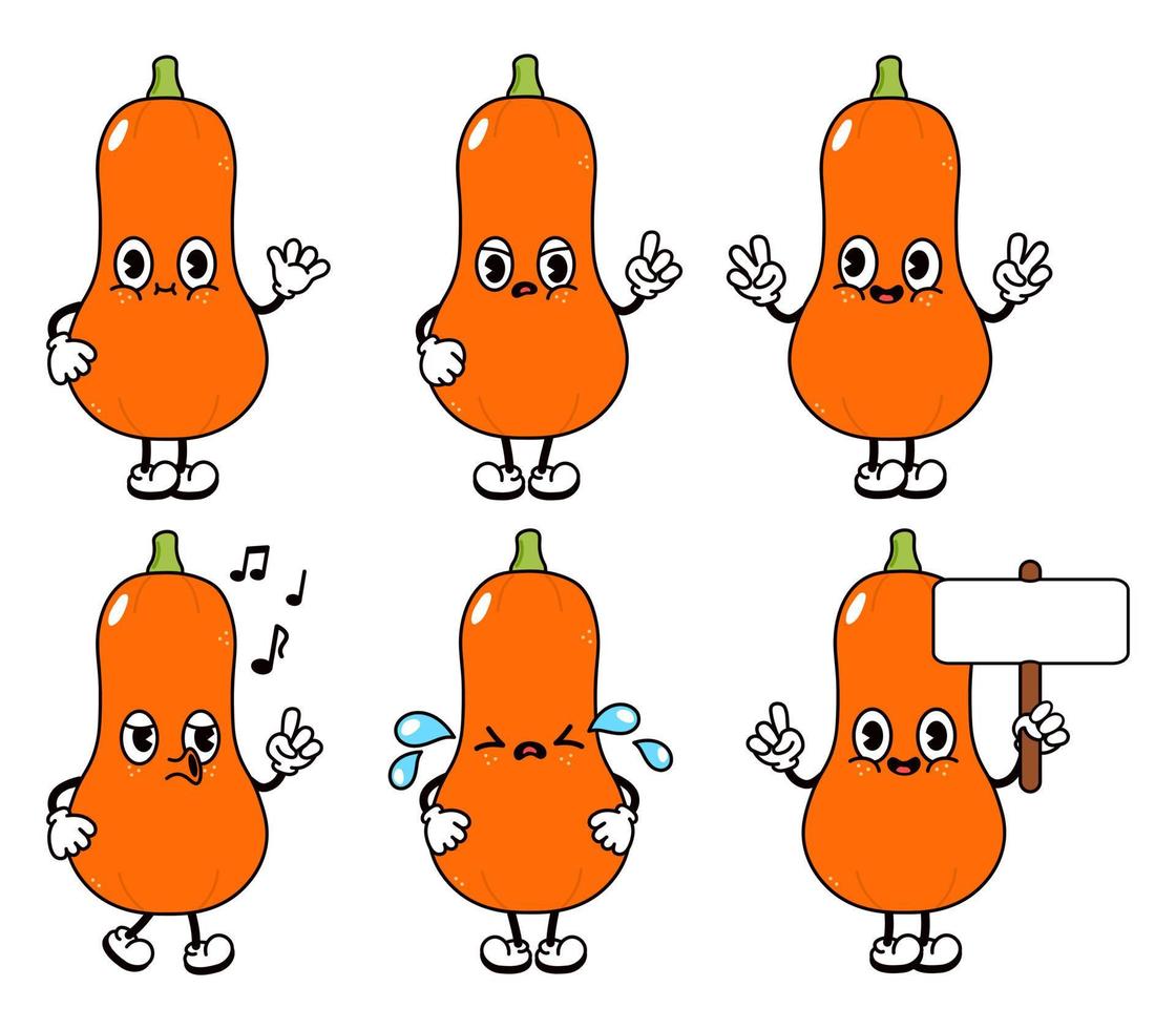 ensemble de personnages de citrouilles drôles et mignons. dessin animé traditionnel de style doodle dessiné à la main de vecteur vintage, conception d'icône d'illustration de personnage rétro. fond blanc isolé. illustration de citrouille