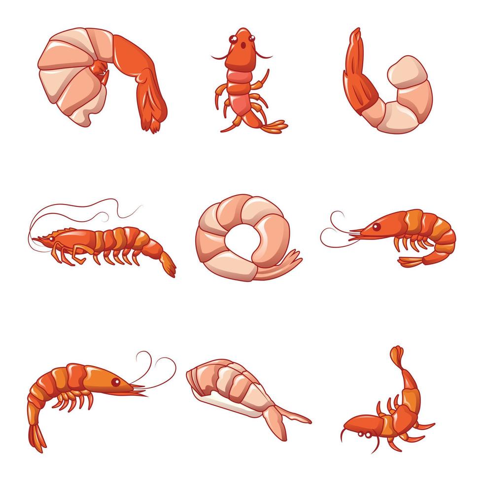 jeu d'icônes de crevettes cuites aux crevettes, style dessin animé vecteur