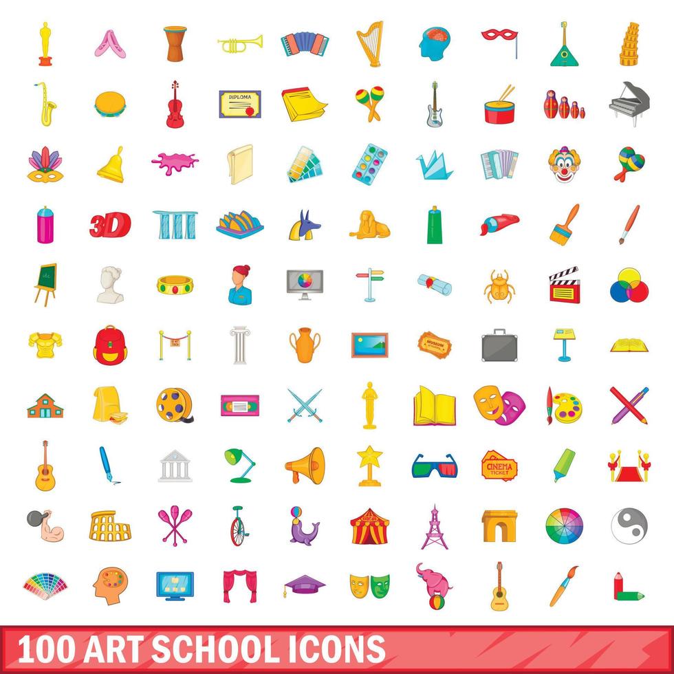 100 icônes d'école d'art, style cartoon vecteur