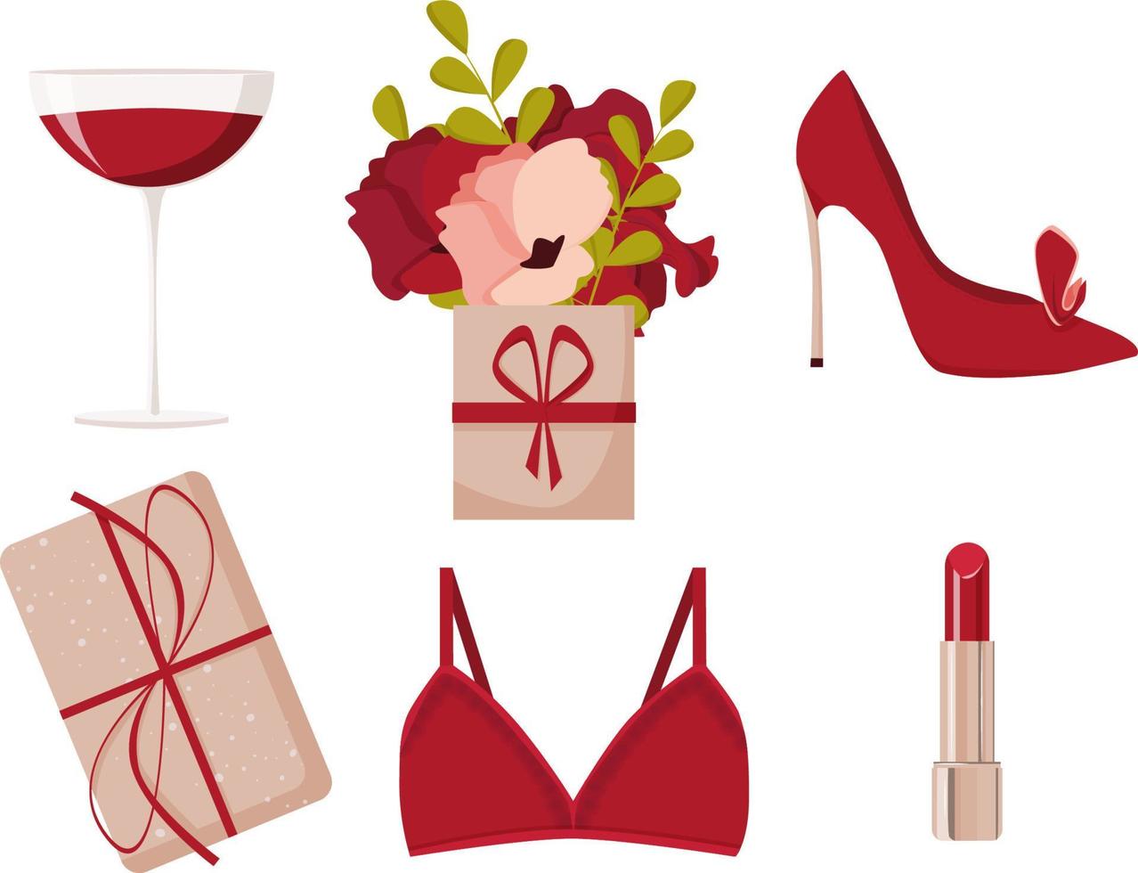 autocollants pour femmes, vin, fleurs, sous-vêtements, rouge à lèvres vecteur