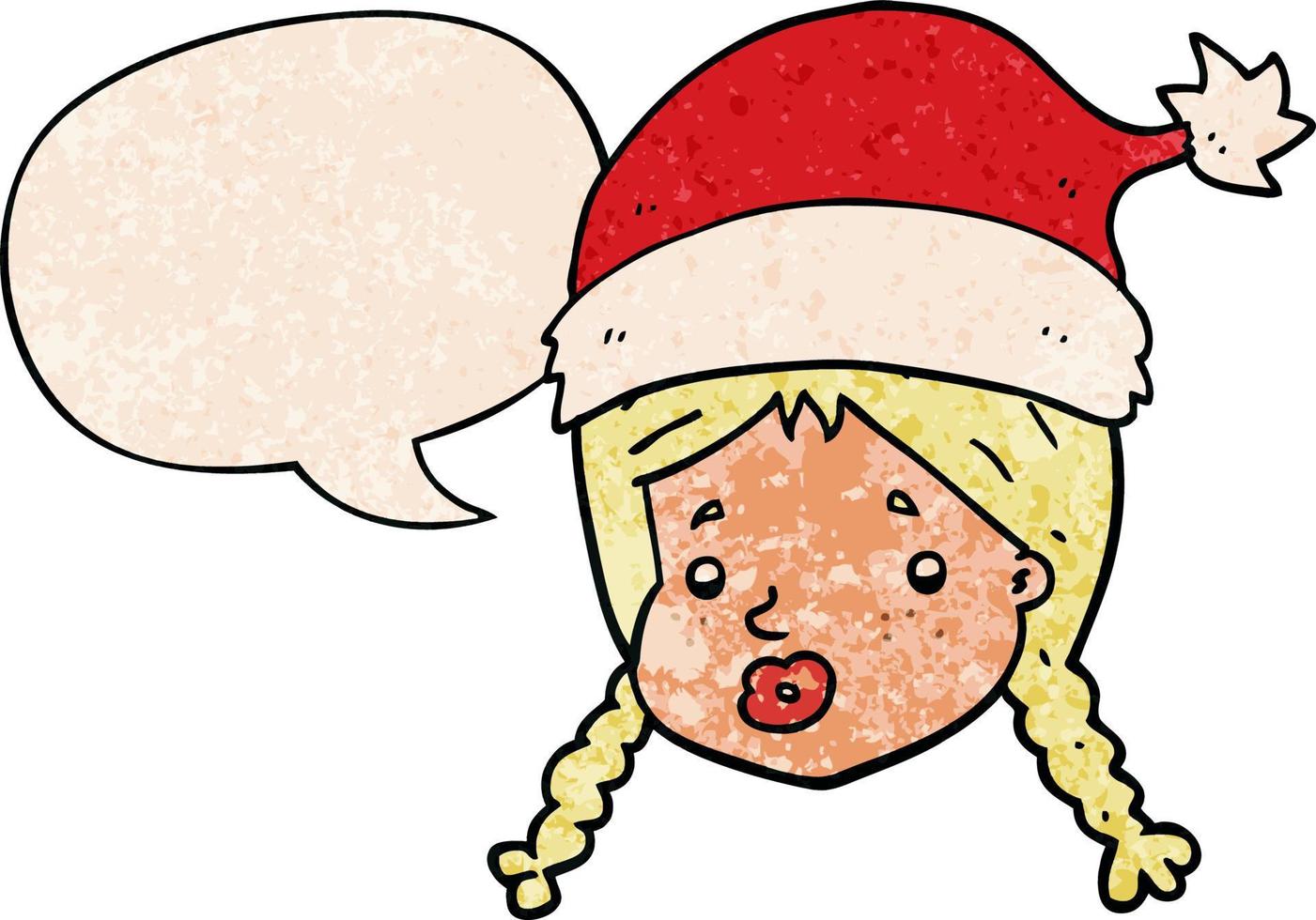 fille de dessin animé portant un chapeau de noël et une bulle de dialogue dans un style de texture rétro vecteur