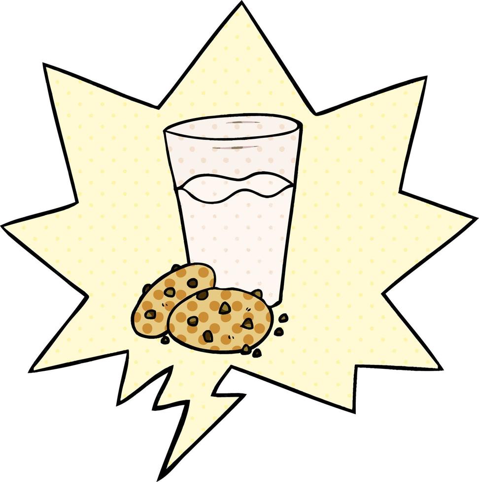 biscuits de dessin animé et lait et bulle de dialogue dans le style de la bande dessinée vecteur
