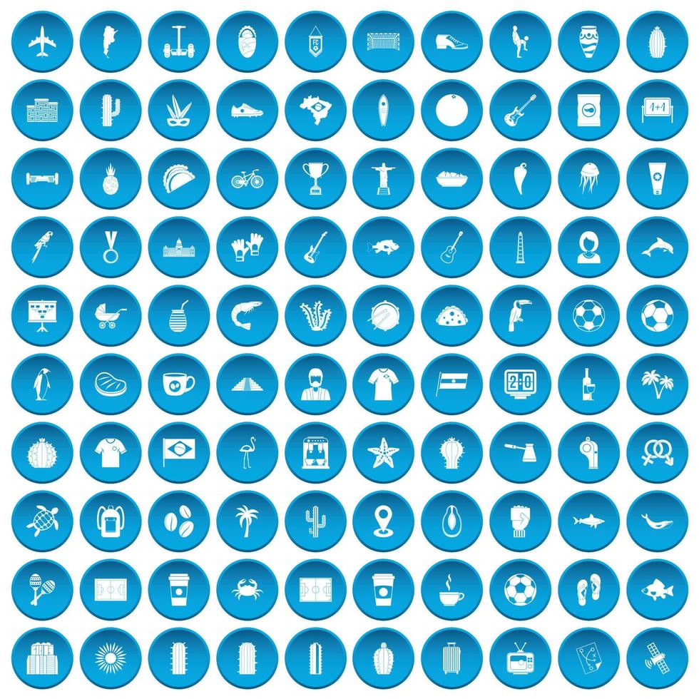 100 icônes d'amérique du sud définies en bleu vecteur
