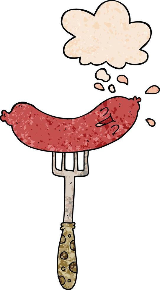 saucisse heureuse de dessin animé sur la fourche et bulle de pensée dans le style de motif de texture grunge vecteur