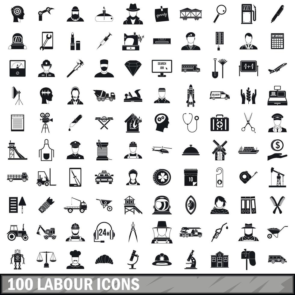 Ensemble de 100 icônes de travail, style simple vecteur