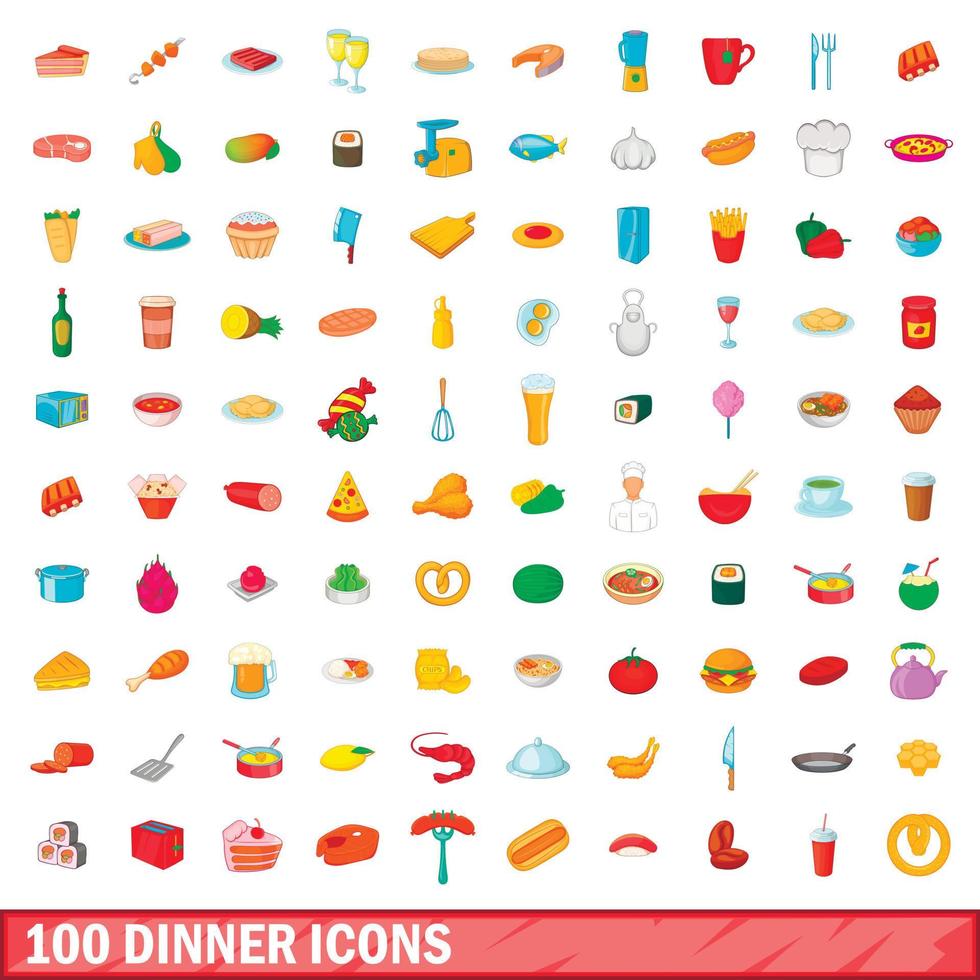 Ensemble de 100 icônes de dîner, style dessin animé vecteur