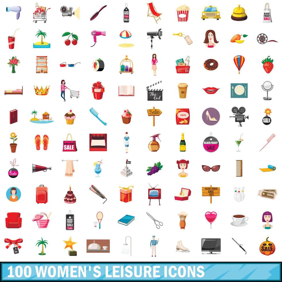 100 icônes de loisirs pour femmes, style cartoon vecteur